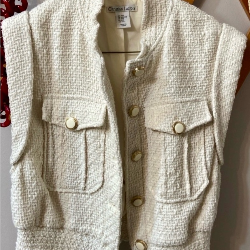 CHRISTIAN LACROIX - Chic Designer Cream Tweed Sleeveless Jacket